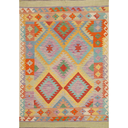 Southwestern Colorful Kilim Persian Area Rug Flat-Weave Wool Carpet - 4'11"x 6'6"