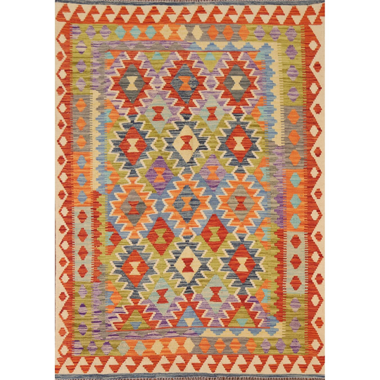 Colorful Kilim Geometric Rug Flat-weave Wool Carpet - 4'10"x 6'8"