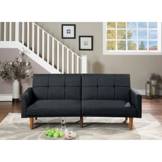 Living Room Sofa Couch Convertible Black Polyfiber Tufted Wooden Legs