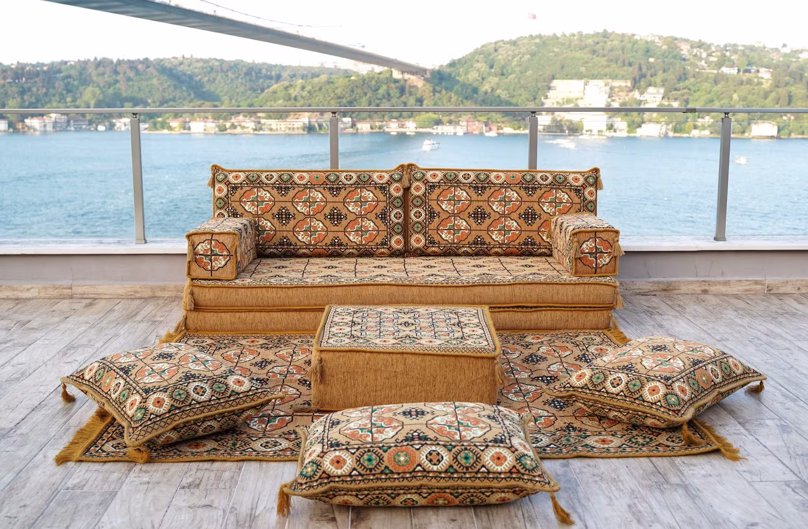 Gold Arabic Floor Sofa Cover, Sectional Sofa, Single Pallet Cushion, Ethnic Pillow Set, Indoor Garden Reading Set