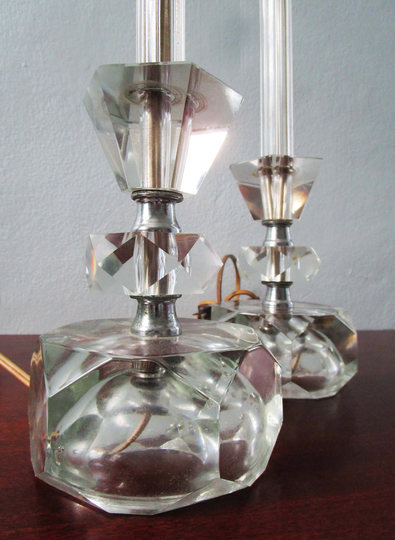 Pair Vintage Table Lamps Glass Stacked Cubes, Post Art Deco Lighting, Bedroom Lamps, Retro Mid Century