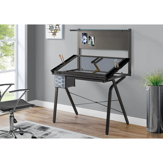 Drafting Table, Adjustable Angle, Drawing, Storage, Craft, Metal, Tempered Glass, Clear, Contemporary, Modern