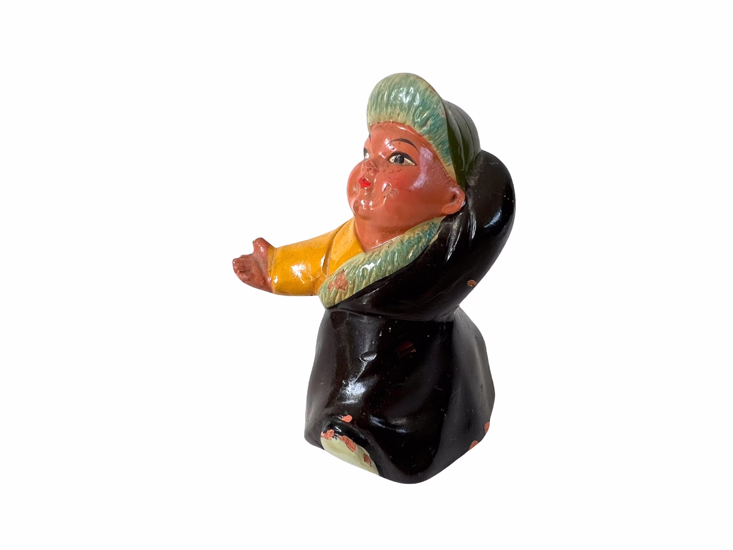 Vintage Baby Pencil Sharpener~ Boy Dancing in Robe & Hat~ Chippy Paint ~ Chinese Painted Pottery