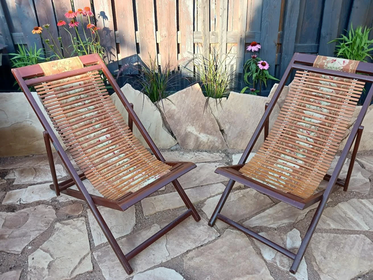 Mid Century Foldable Sling Or Deck Chairs Wood Bamboo Fabric