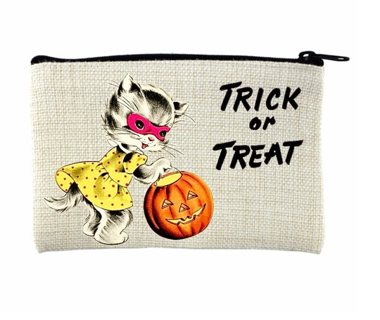 Halloween Make Up Bag, Change Purse, Zippered Pouch, Pencil Case. Black Cat Customized Gifts