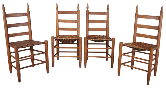 4 Antique Early American Shaker Pine Ladderback Rush Side Dining Chairs 39"