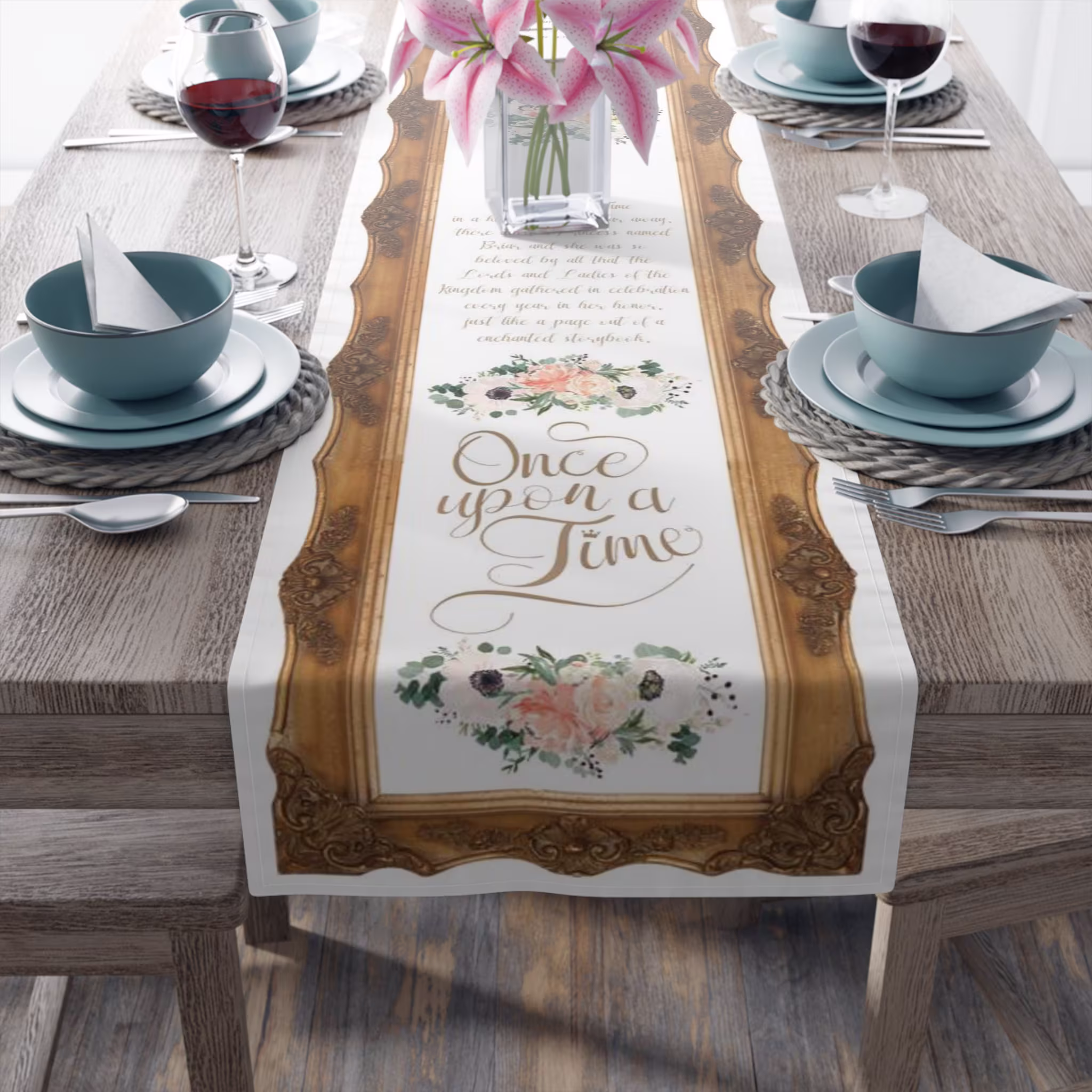 Table Runner Once Upon A Time Princess Party Decoration Floral Fairytale Crown Birthday Shower Baby Bridal Gold Storybook Wedding