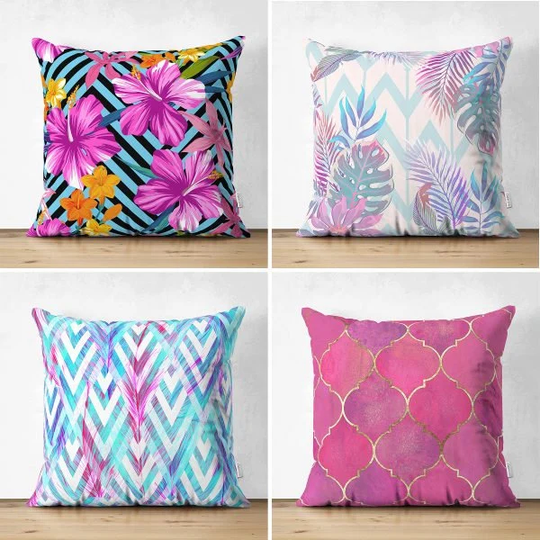 Set Of 4 Colorful Floral Pillow Covers|Decorative Case|Neon Color Leaves & Flowers Pillow|Outdoor Cushion Cover|Throw Case
