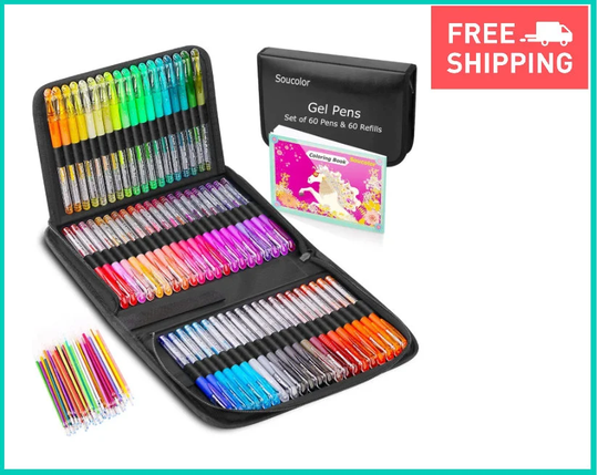 Glitter Gel Pens For Adult Coloring Books, 120 Pack-60 Pens, 60 Refills & Travel Case, Markers Set