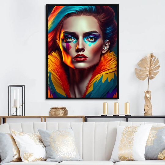 Designart 'Colorful Sensual Woman In Fur Coat IV' Contemporary Glam Framed Canvas Art Print