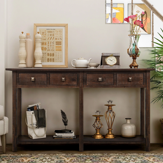 Rustic Brushed Texture Console Table with 4 Storage Drawers(with Rustic Modern Knobs) and 1 Bottom Shelf, Espresso