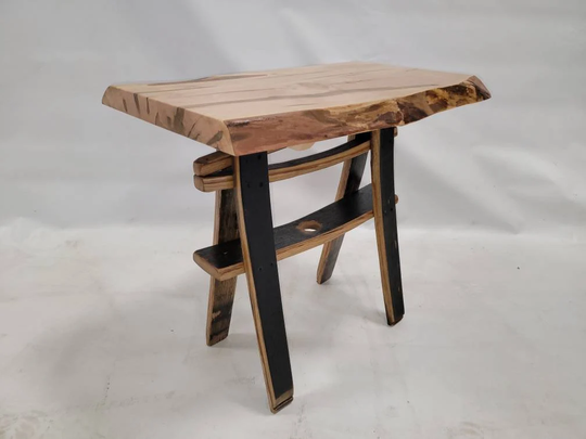 Live Edge Maple End Table With Whiskey Barrel Stave Legs & Shelf, Free Shipping, Made in The Usa