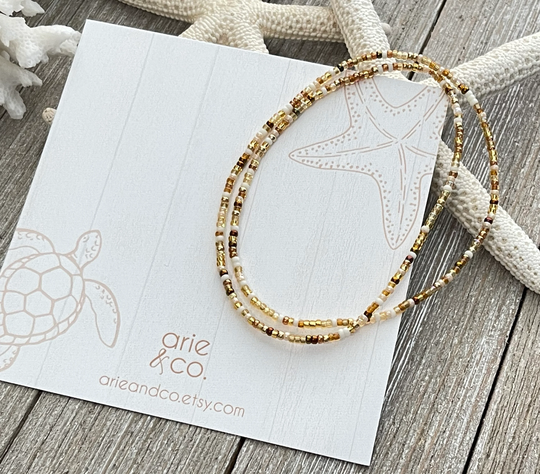 S U N E T - Dainty Golden Colors Stretchy Beaded Anklet Bracelet, Minimalist & Double