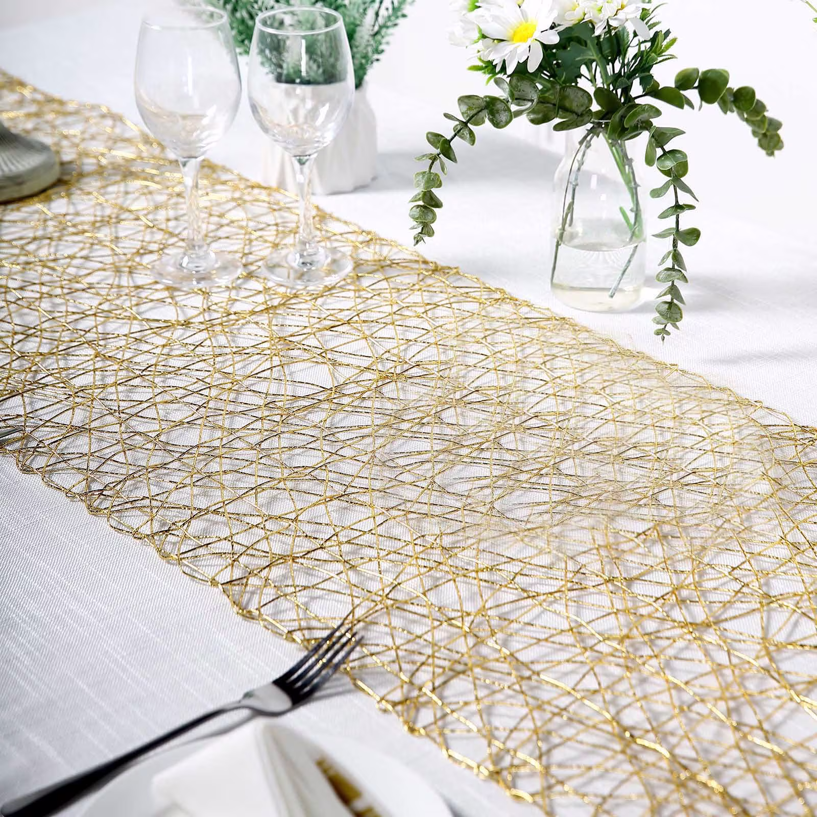 16" X 72" Wire Nest Table Runner, Metallic String Woven Runners For Wedding, Decorations - Gold
