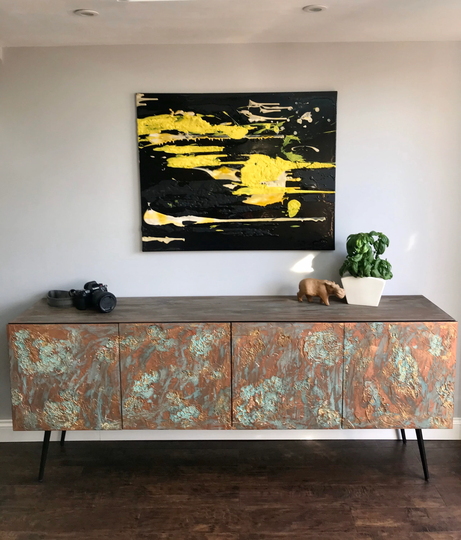 Midcentury Style Sideboard Copper Patina With Angled Legs & Top
