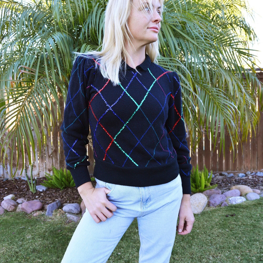 Sequin Christmas Sweater Vintage 1980S Diamond Argyle Beaded Holiday Black Knit Crew Neck With Sequins Zipper Size Small Medium