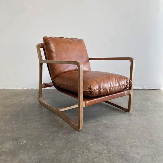 Custom Leather & Teak Wood Lounge Chair