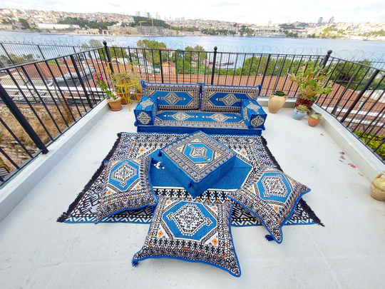 Royal Blue Floor Sofa Seating Set, Cushions, Traditional Arabic Sofa, Ottoman Couch, Loveseats, Majlis, Sectional Pouffs