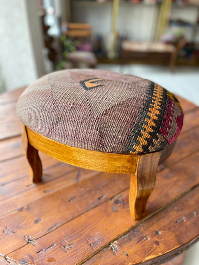 Kilim Oval Ottoman Stool, Kilim Coffee Table, Foot Rest, Beech Wood Vintage Furniture, Chair, Pouf