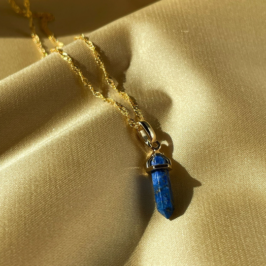 Ultra Tiny Lapis Lazuli Prism Pendant, Blue Pencil 18K Gold Filled Chain, Premium Gift For Women, Luxury Natural Stone Pendant