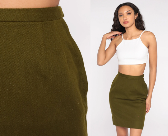 Olive Pencil Skirt 60S Knit High Waisted Preppy Wiggle Vintage Waist Retro Secretary Classic Basic Neutral 1960S Extra Small Xs