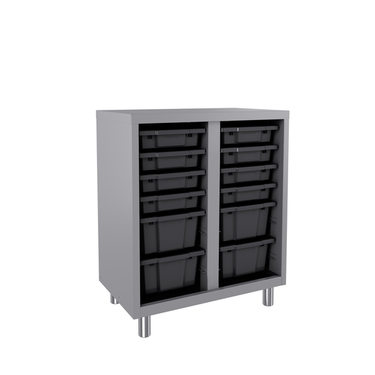 Space Solutions Bin Storage Cabinet with 8 3" tote bins and 4 6" bins, 36x30x18, Platinum/Graphite