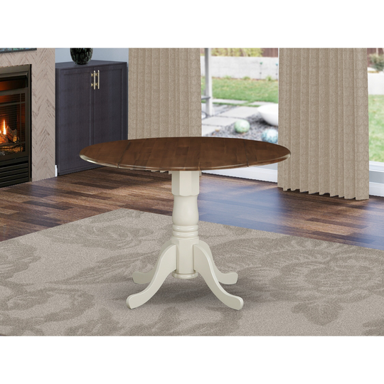 DMT-WLW-TP Rubber Wood Dining Table with Drop Leaves, Walnut Finish Table Top and Linen White Pedestal