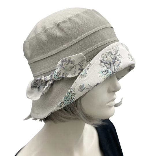 Linen Cloche Hat With Floral Brim & Bow, Summer Hats Women, Ready To Ship Size Small, Handmade in The Usa