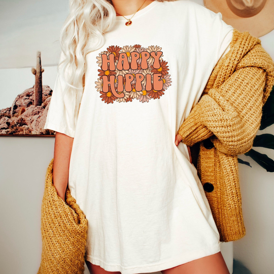 Comfort Colors® Retro Happy Hippie Shirt, Free Spirit Flowers, Soul, Daisies Sunflower, Groovy Tees, Summer Vibes, Festival Tee
