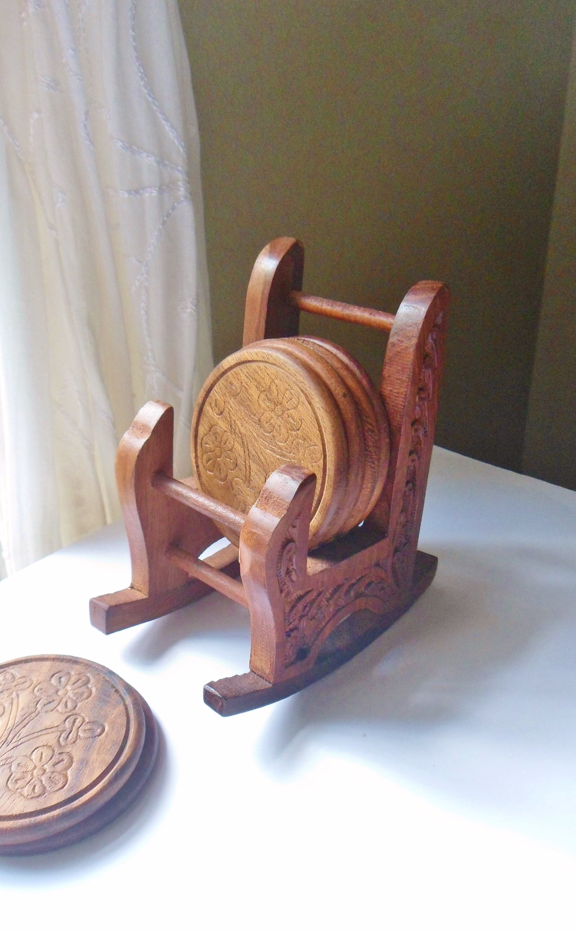 Rocking Chair Coaster Set, Hand Carved Sheesham Wood Rocker & Six Floral Coasters, Boho 70S