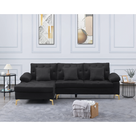 L Shaped Sectional Sofa Couch with Chaise Lounge, Button Tufted Left Hand Facing Sofa & Chaise with 3 Pillows & Metal Legs
