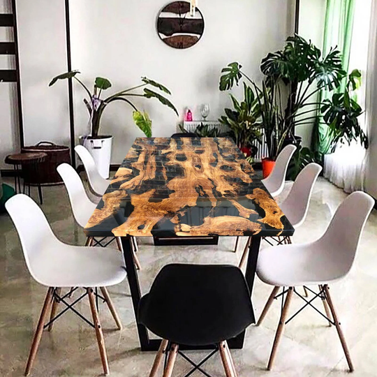 Wood & Epoxy Table, Transparent Black River Custom Live Edge Table, Glossy Vanish Kitchen Dining Table