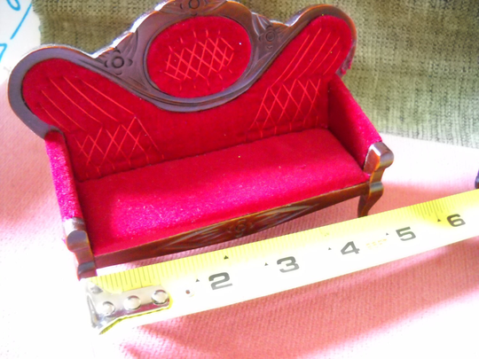 Victorian Red Velvet Miniature Sofa, Dollhouse Scale