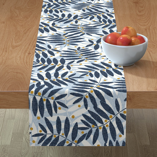 Mod Palm Table Runner - Fraxinus Berries By Pippa Shaw Faux Woven Midcentury Modern Sky Blue Cotton Sateen Spoonflower