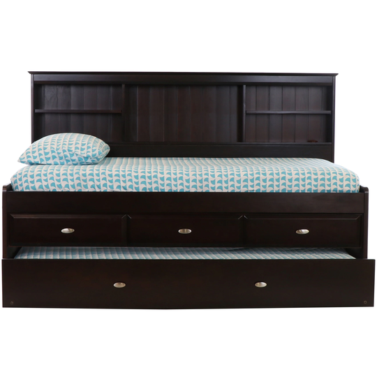 OS Home and Office Furniture Solid Pine Twin Daybed with Three Drawer Storage Unit and Twin Sized Trundle in Dark Espresso