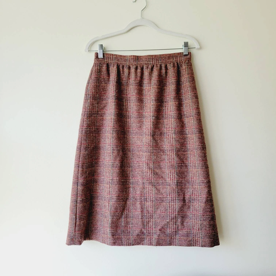 Vintage Pastel Plaid Wool Midi Skirt. Light Academia Mauve A-Line Pencil Skirt With Pockets. Purple Pink Business Casual
