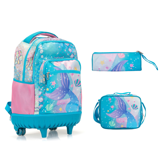 20-Inch 3PCS Kids Rolling Luggage Set, Trolley Backpack with Lunch Bag and Pencil Case,Suitcase with Mermaid Pattern