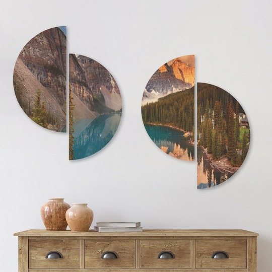 Designart 'Moraine Lake in Banff Park Canada' Landscape Wood Wall Art Set of 4 Half Circles - Multi-Color