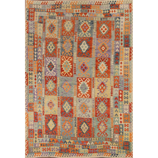 Multi-Color Geometric Kilim Area Rug Flat-weave Wool Carpet - 10'1"x 12'9"