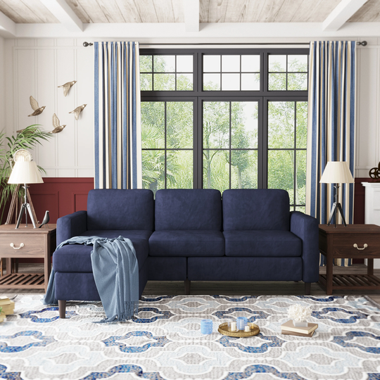 L-Shape Linen Sectional Sofa with Handy Side Pocket, Movable Ottoman