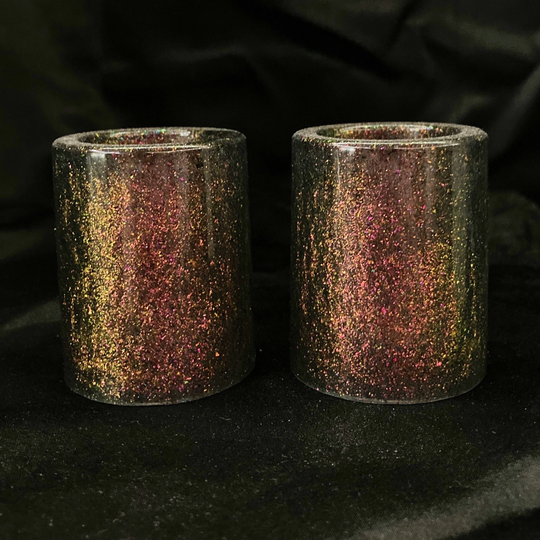 2 Shot Glasses, Set Of Color Shift Glitter, Green Orange Pink, Morph, Changing, 1 Oz Glass, Matching Glasses