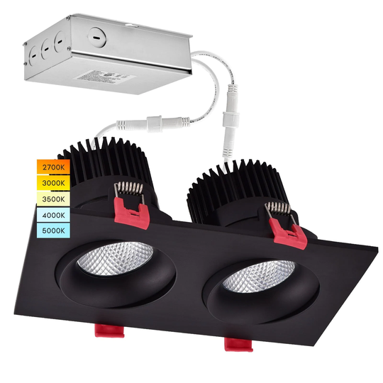 Luxrite Double Head Adjustable LED Recessed Lights 24W 5 Color Selectable 1400lm Dimmable Wet Rated IC Rated Black
