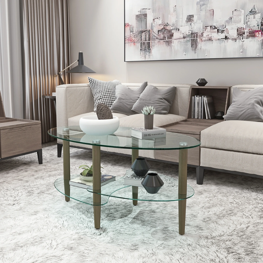 Transparent Oval glass coffee table with Oak wood leg tea table