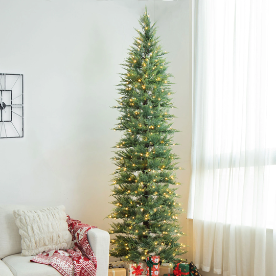 Glitzhome 9ft Pre-Lit Pencil Green Pine Artificial Christmas Tree with 480 Warm White Lights