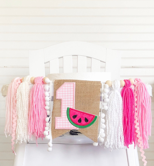 Watermelon Birthday High Chair Yarn Tassel Banner, Cake Smash Backdrop First