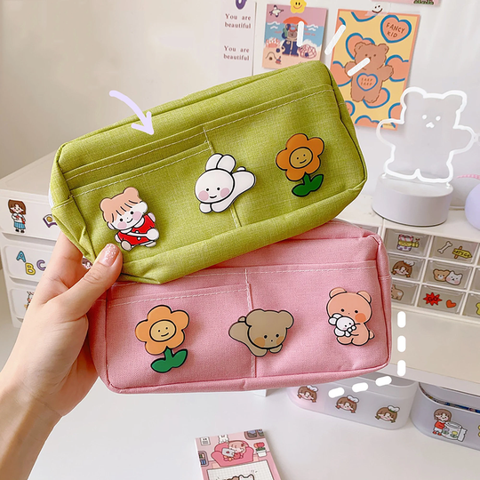 Kawaii Badge Pencil Case, Large-Capacity Student Cute Makeup Bag, Stationery Bags Canvas, School Supplies For Kids Gift