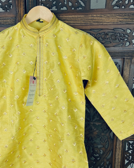 Boys Raw Silk Lime Color Kurta With Pant Embroidery & Sequence Work | Kids Festive Wear Ethnic