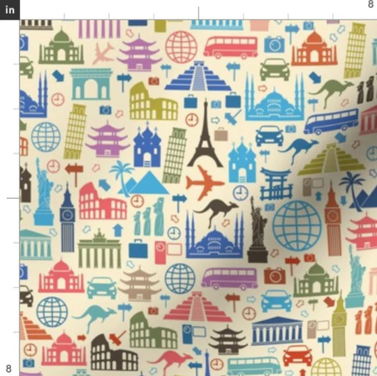 Travel Icons Fabric By The Yard | Eiffel Tower Pantheon Of Pisa Airplane Kangaroo Pagoda Big Ben