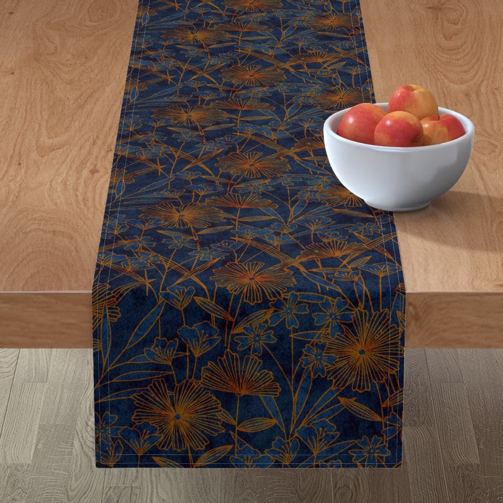 Dark Blue Floral Table Runner - Nora Navy By Amy Maccready Wildflower Meadow Modern Cotton Sateen Spoonflower