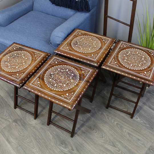 Natural Geo Decorative Set of 4 Tray Tables with Stand - White Circle